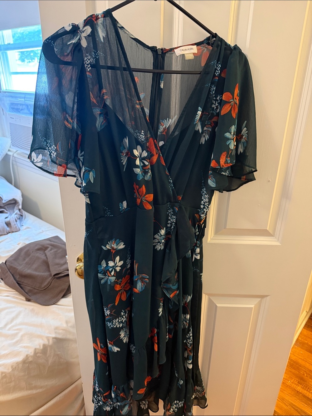 Calvin Klein Chiffon Floral Wrap Dress - Dark Green with Orange & Blue Flowers